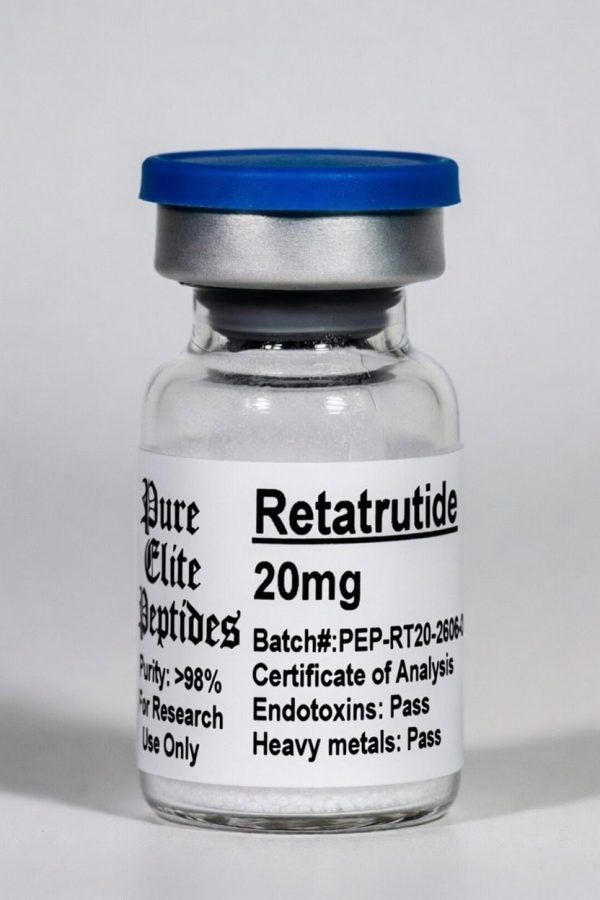 Pure Elite Peptides Retatrutide 20mg vial for research use only.