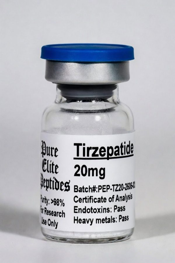 Tirzepatide 20mg peptide vial for weight management and diabetes support.
