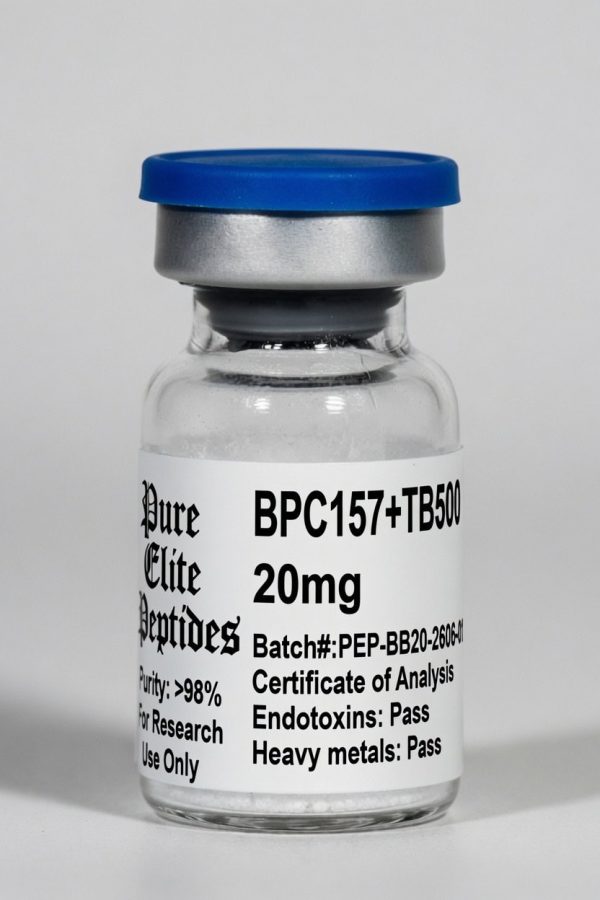 Vial of BPC157 and TB500 peptides for research use from Pure Elite Peptides.