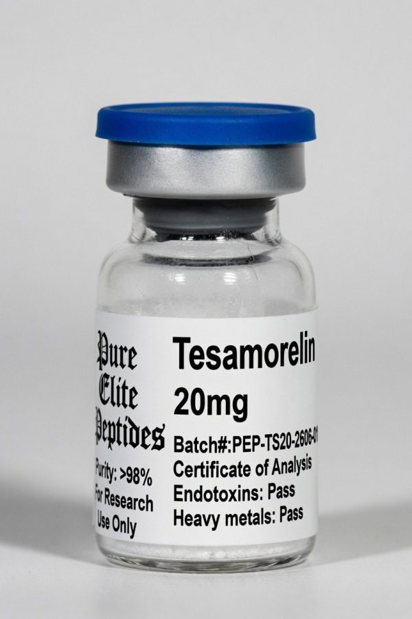 Tesamorelin 20mg peptide vial for muscle growth and anti-aging benefits.