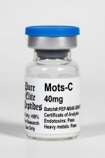 Mots-C peptide supplement bottle from Pure Elite Peptides with blue cap.