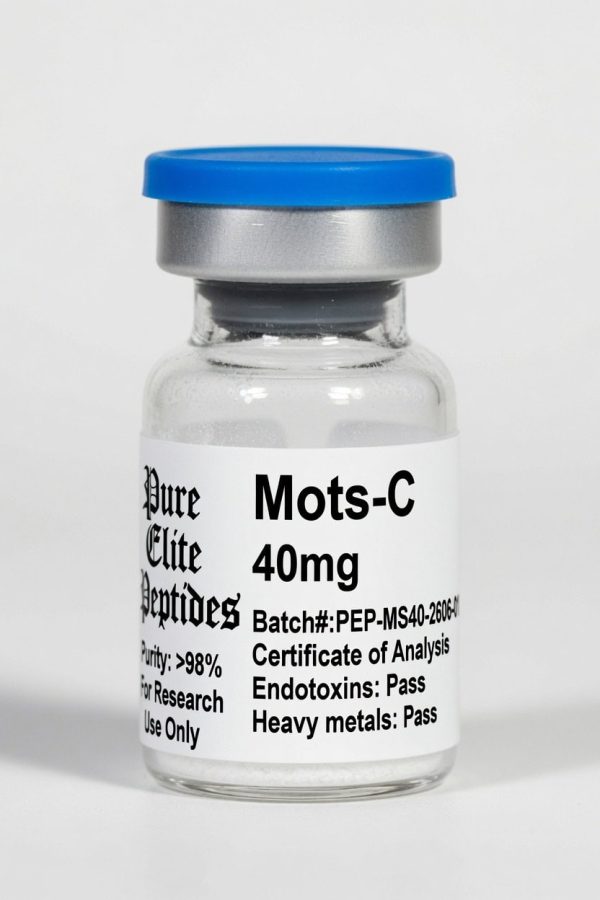Mots-C peptide supplement bottle from Pure Elite Peptides with blue cap.