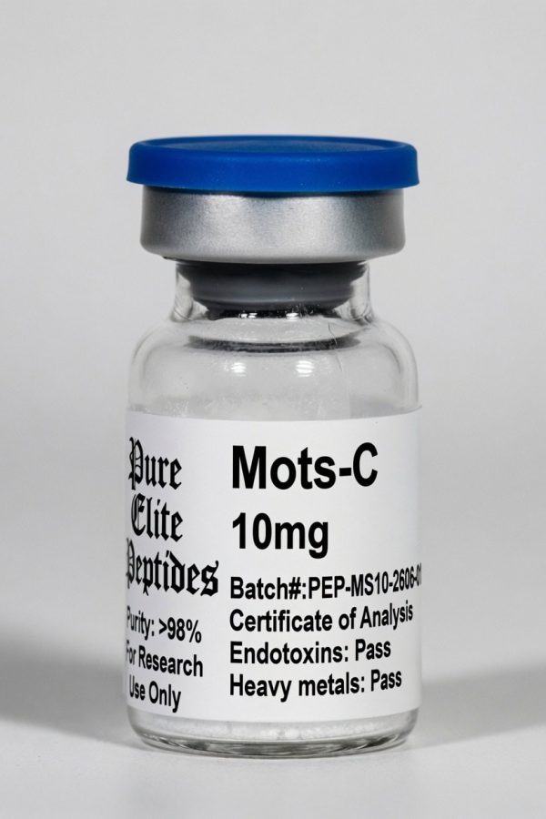 Mots-C 10mg peptide vial from Pure Elite Peptides with blue cap.