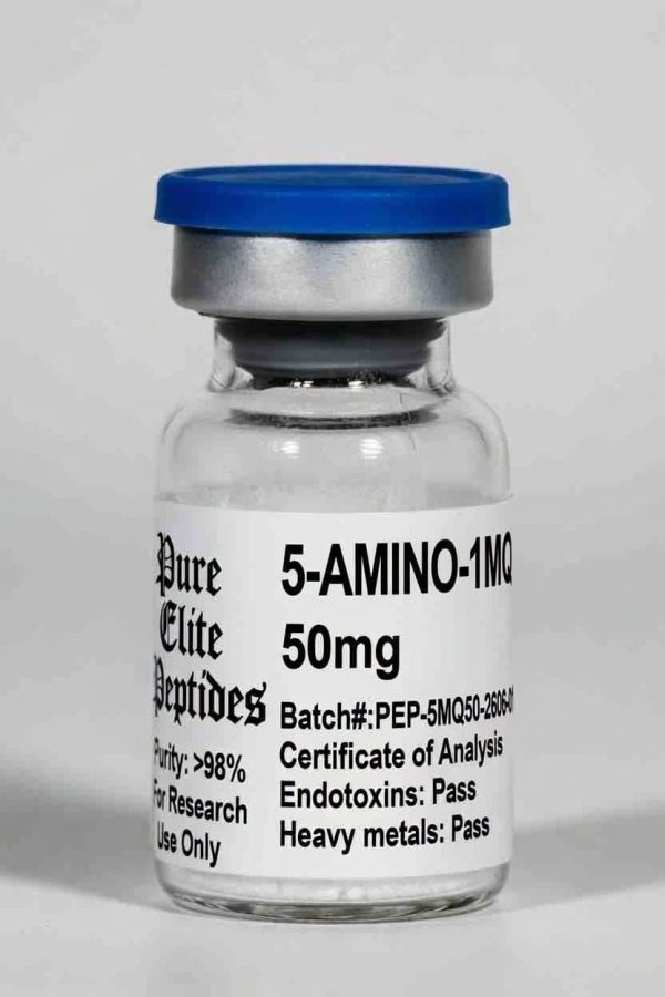 Vial of 5-AMINO-1M peptide supplement from Pure Elite Peptides.