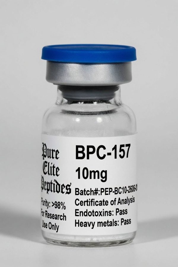 Small glass vial of BPC-157 peptide with blue cap for research use.