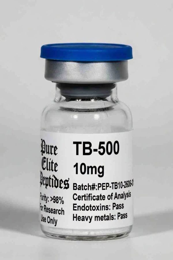 TB-500 peptide vial with blue cap from Pure Elite Peptides.