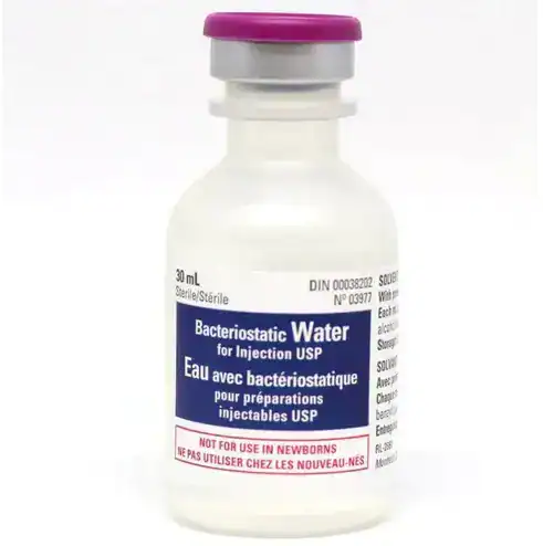 Sterile bacteriostatic water for injection in a small vial with purple cap.