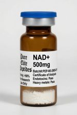 NAD+ 500mg peptide supplement in amber glass vial with blue cap.