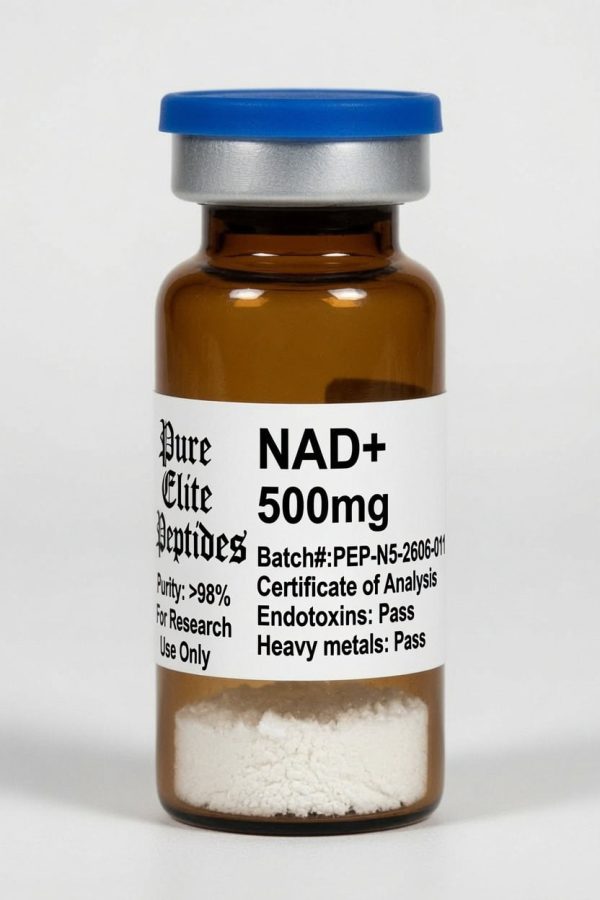 NAD+ 500mg peptide supplement in amber glass vial with blue cap.